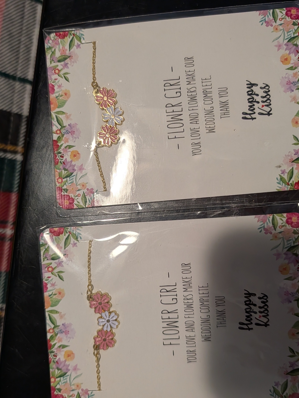 Gold Flower Girl Bracelet with Pink and White Enamel Flowers
